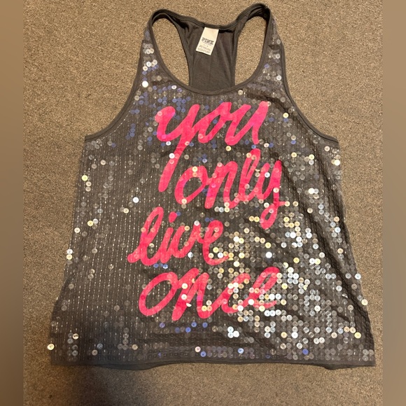 Victoria's Secret Tank Top Racerback. Gray. PINK. Sequins You Only Live Once L - Picture 1 of 8